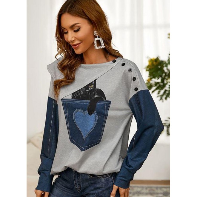 Animal Casual Round Neckline Long Sleeve Blouses