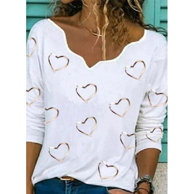 Geometric V-Neckline Long Sleeve Casual T-shirts