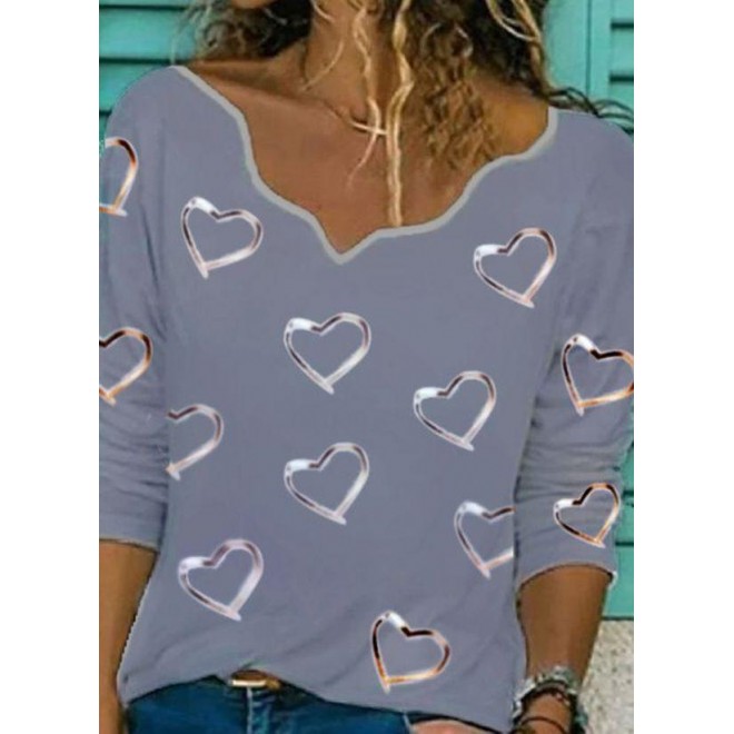 Geometric V-Neckline Long Sleeve Casual T-shirts