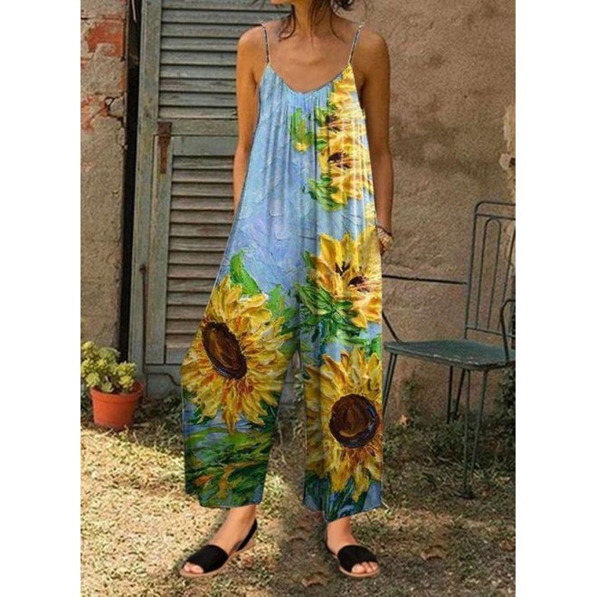 Casual Loose Pattern Pockets Mid Waist Polyester Jumpsuits