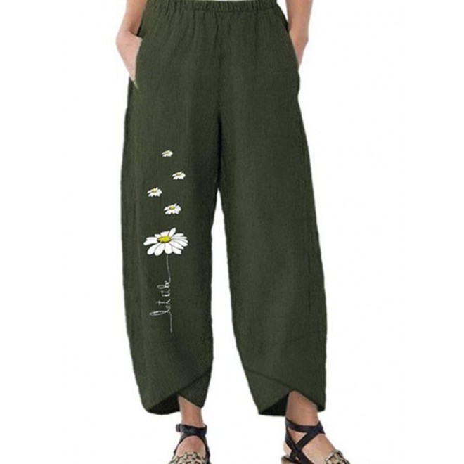 Casual Loose Pattern Pockets Mid Waist Polyester Pants