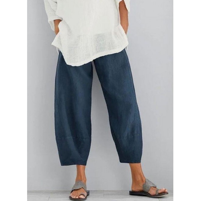 Casual Straight Pockets High Waist Cotton Blends Pants