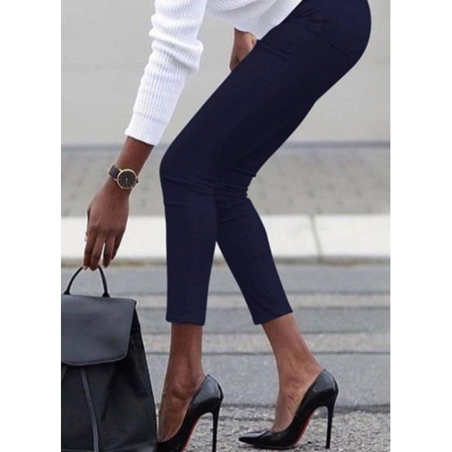 Casual Skinny Pockets Mid Waist Polyester Pants
