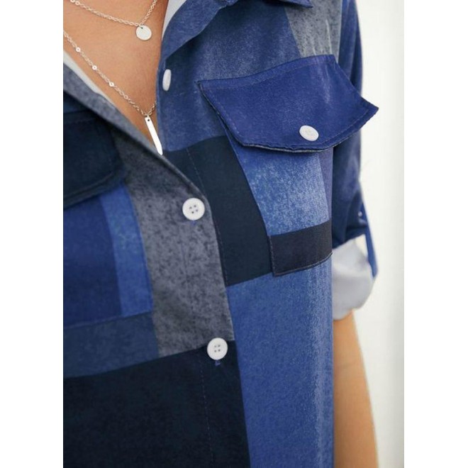 Casual Color Block Shirt Collar Shift Dress