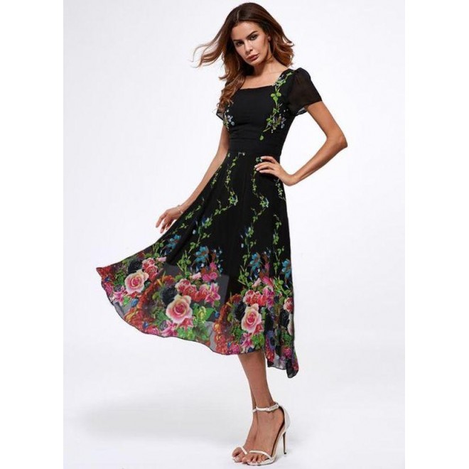 Elegant Floral Square Neckline Midi A-line Dress
