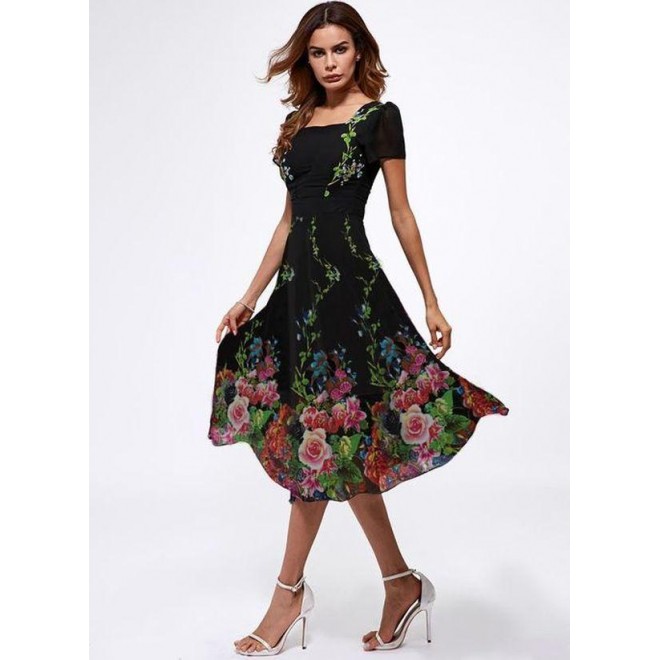 Elegant Floral Square Neckline Midi A-line Dress