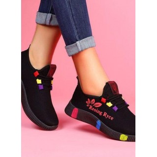 Women's Lace-up Flower Round Toe Fabric Flat Heel Sneakers
