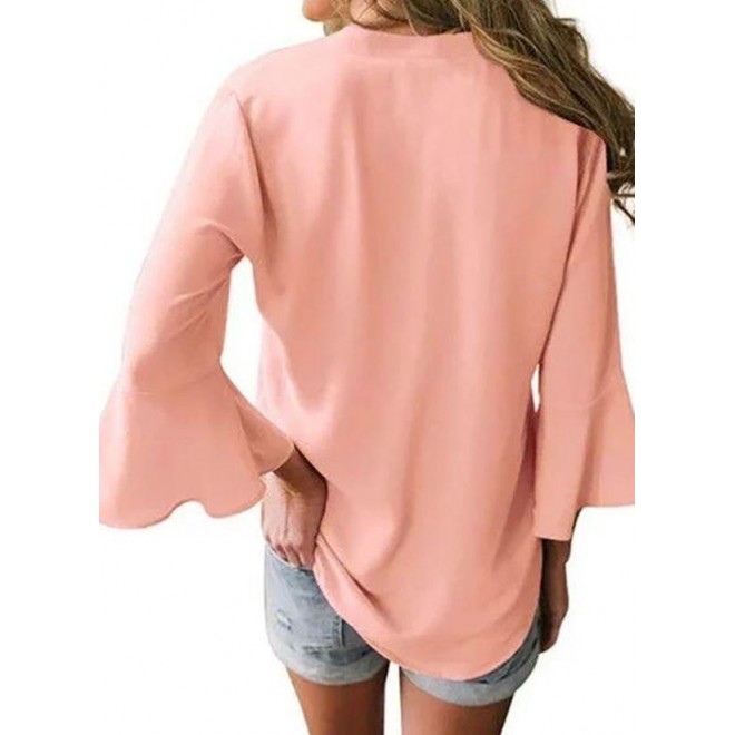 Solid Casual V-Neckline 3/4 Sleeves Blouses