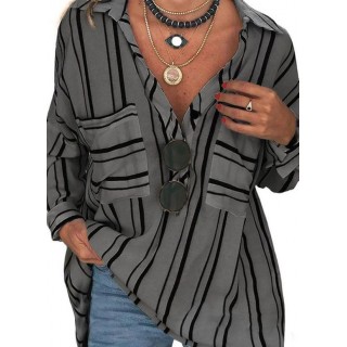 Plus Size Stripe Casual Collar Long Sleeve Blouses
