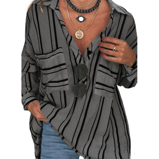Plus Size Stripe Casual Collar Long Sleeve Blouses