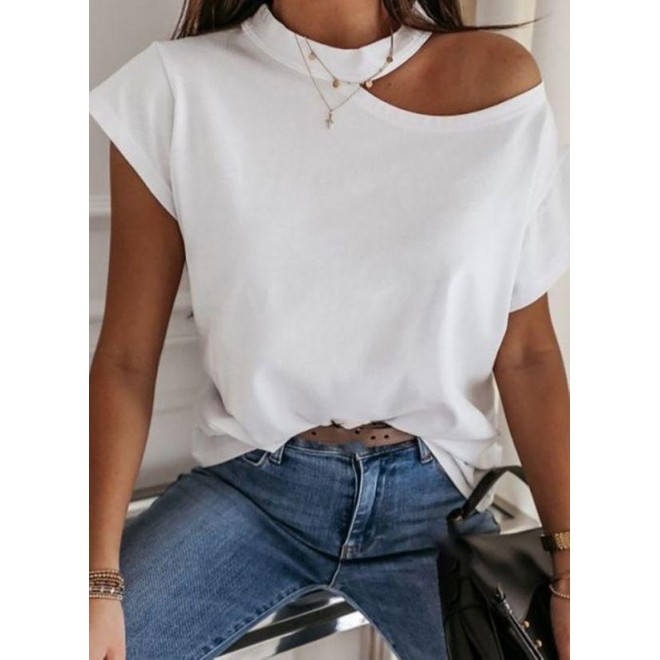 Solid Oblique Neckline Short Sleeve Casual T-shirts