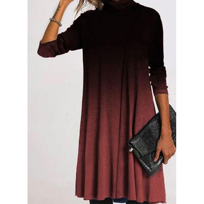 Casual Color Block Round Neckline Long Sleeve Knee-Length Dress