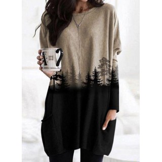 Color Block Casual Round Neckline Long Sleeve Blouses