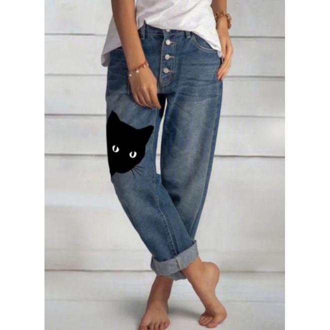 Casual Straight Buttons Pockets High Waist Polyester Jeans