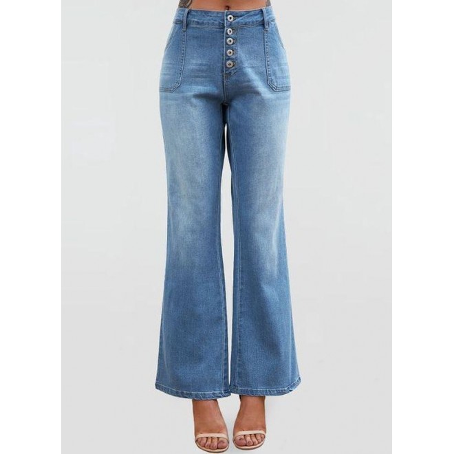 Casual Bootcut Buttons Pockets High Waist Polyester Jeans