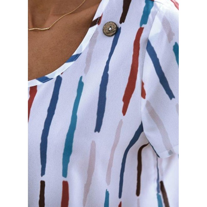 Stripe Casual Round Neckline Short Sleeve Blouses