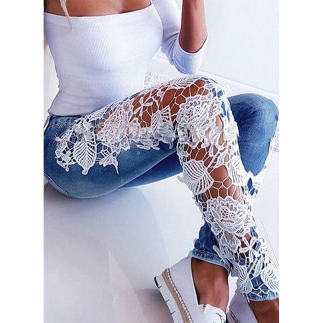 Casual Skinny Hollow Out Buttons Lace Pockets Mid Waist Polyester Jeans Pants