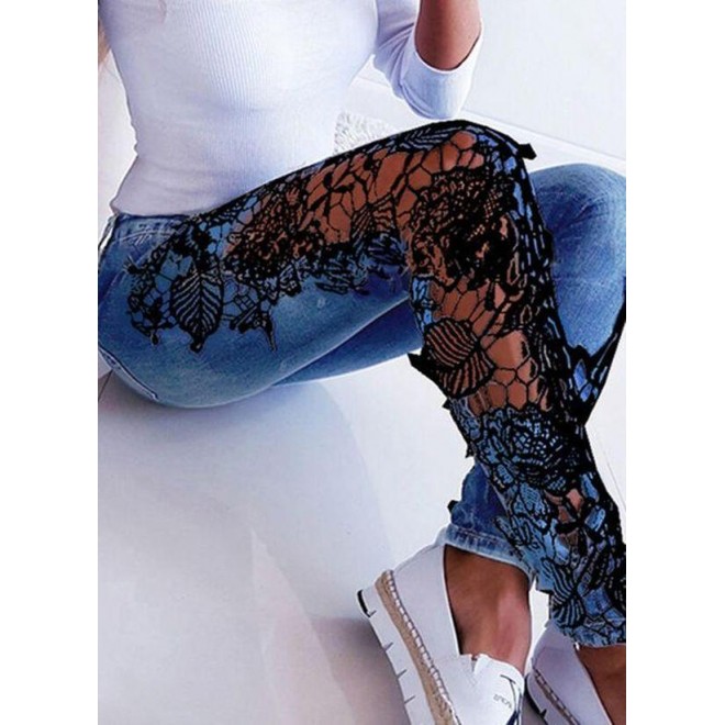 Casual Skinny Hollow Out Buttons Lace Pockets Mid Waist Polyester Jeans Pants