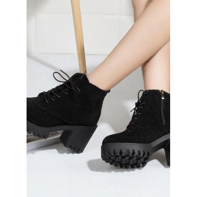 Women's Lace-up Ankle Boots Nubuck Chunky Heel Boots