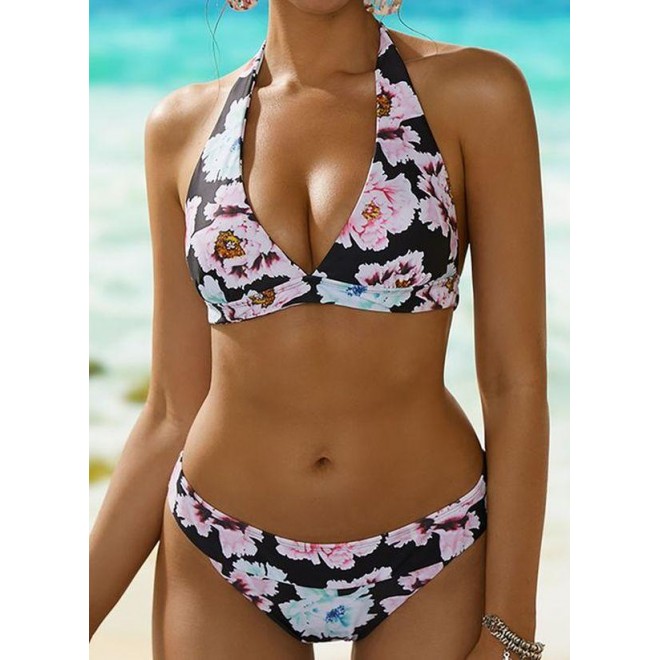 Polyester Halter Floral Bikinis Swimwear
