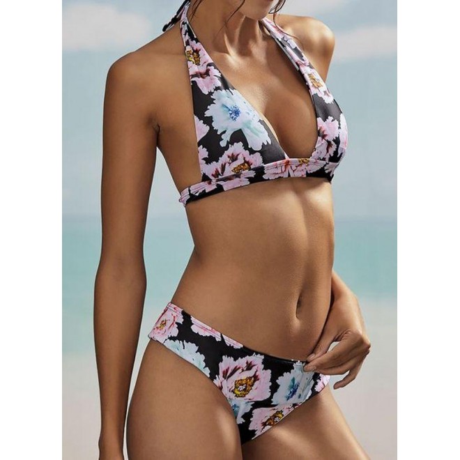 Polyester Halter Floral Bikinis Swimwear