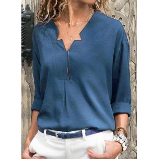 Solid Casual V-Neckline Long Sleeve Blouses
