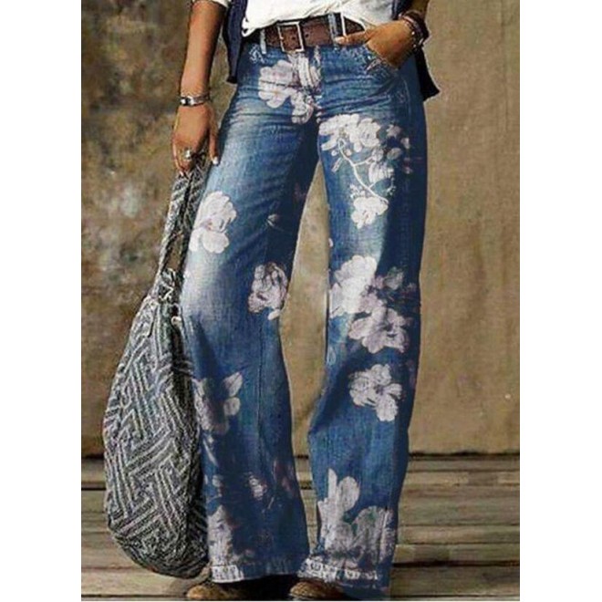 Casual Loose Pattern Pockets Mid Waist Polyester Jeans Pants