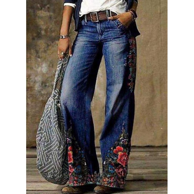 Casual Loose Pattern Pockets Mid Waist Polyester Jeans Pants