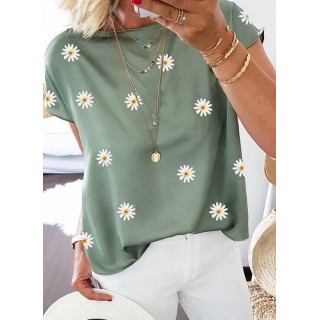 Floral Casual Round Neckline Short Sleeve Blouses