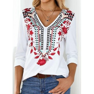 Floral V-Neckline Long Sleeve Casual T-shirts