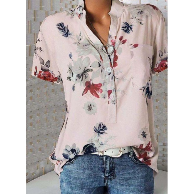 Floral Casual Stand Collar Short Sleeve Blouses