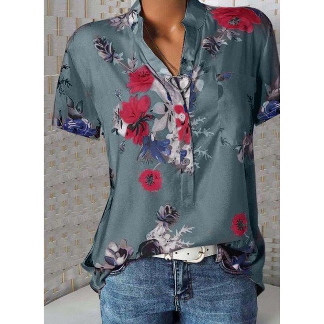 Floral Casual Stand Collar Short Sleeve Blouses