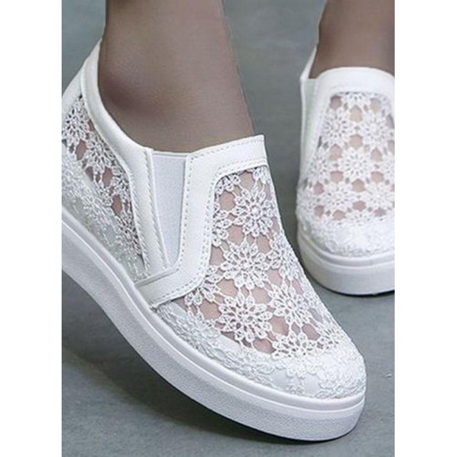 Women's Hollow-out Elastic Band Closed Toe Lace Wedge Heel Sneakers