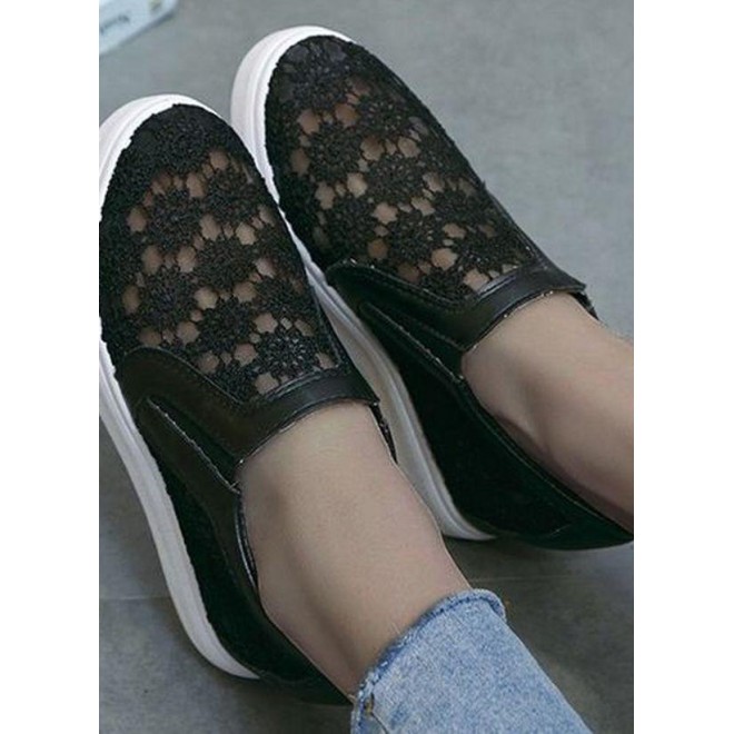 Women's Hollow-out Elastic Band Closed Toe Lace Wedge Heel Sneakers