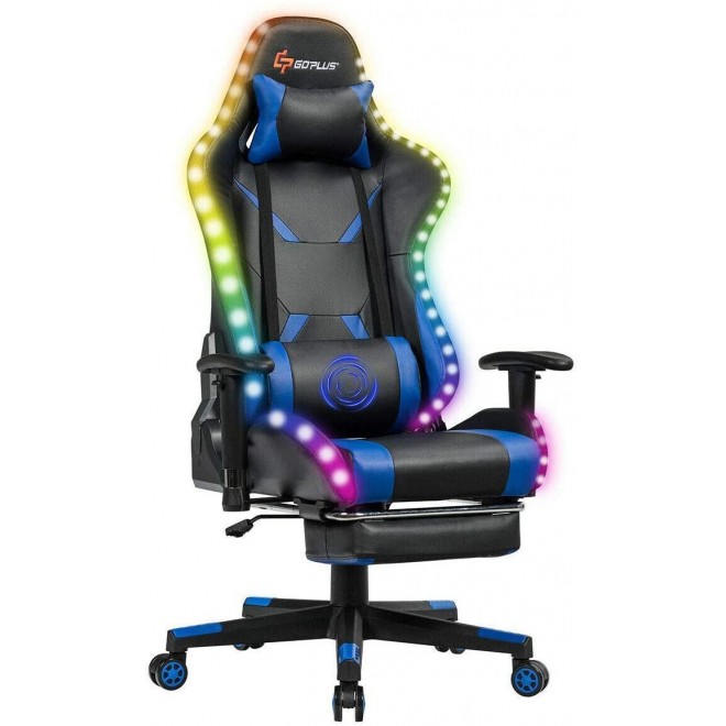 Massage Gaming Chair with RGB Light, Reclining Backrest Handrails and Seat Height Adjustment Racing Computer Office Chair with Footrest, Ergonomic High Back PU Swivel Game Chair
