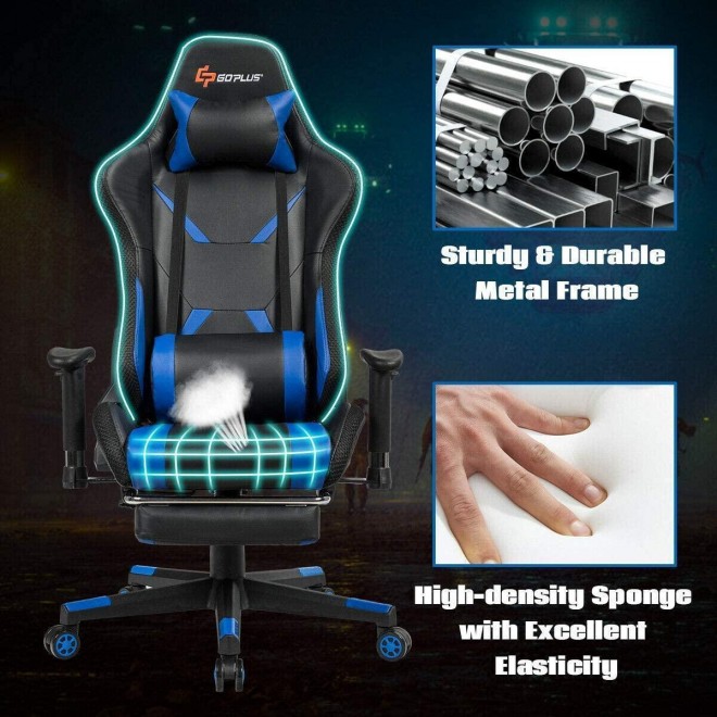 Massage Gaming Chair with RGB Light, Reclining Backrest Handrails and Seat Height Adjustment Racing Computer Office Chair with Footrest, Ergonomic High Back PU Swivel Game Chair